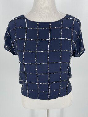 Club Monaco Navy 100% Silk Beaded Sequin Geometric Grid Top XS